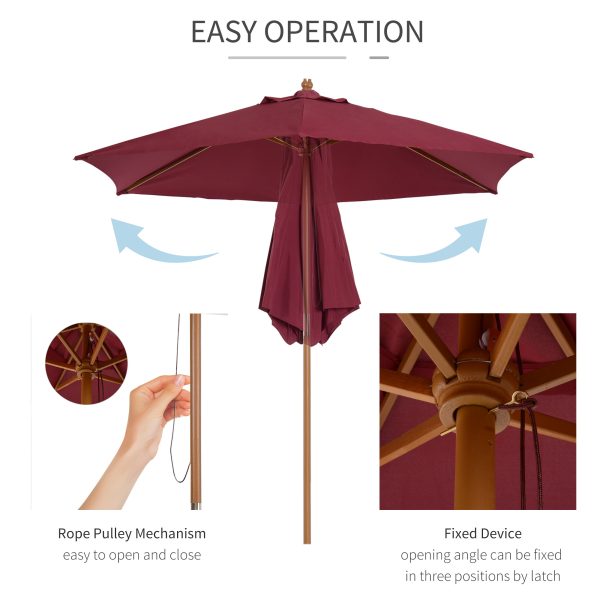 Outsunny Wooden Garden Parasol, 2.5m Outdoor Umbrella Sun Shade with Pulley System, Wine Red   Aosom UK - Image 5