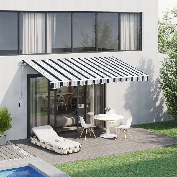 Outsunny 4m x 3(m) Garden Patio Manual Awning Canopy Aluminium Sun Shade Shelter Retractable Blue and White - Image 2