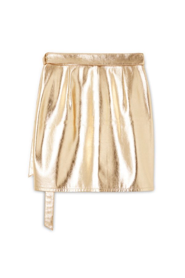 Women's Vegan Leather Mini Wrap skirt in Gold, Size 6 by Never Fully Dressed - Image 11