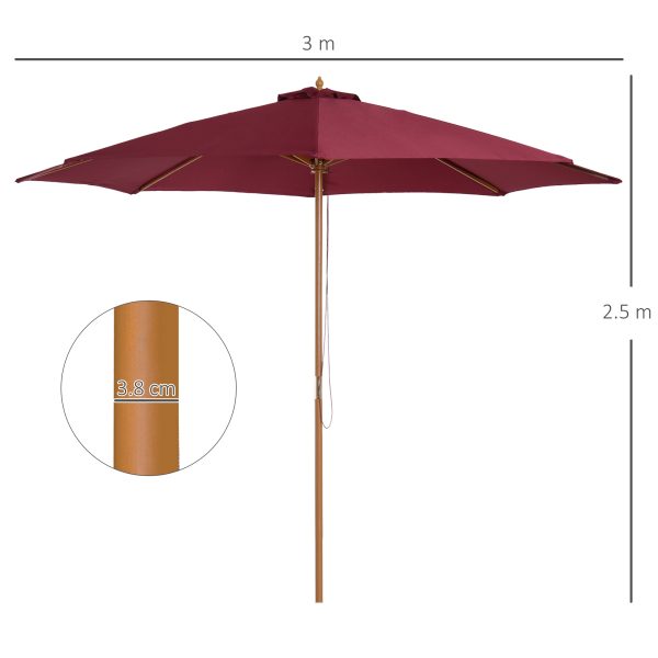 Outsunny ⌀3m Bamboo Wooden Market Patio Umbrella Garden Parasol Outdoor Sunshade Canopy, 8-ribs,Wine Red - Image 3