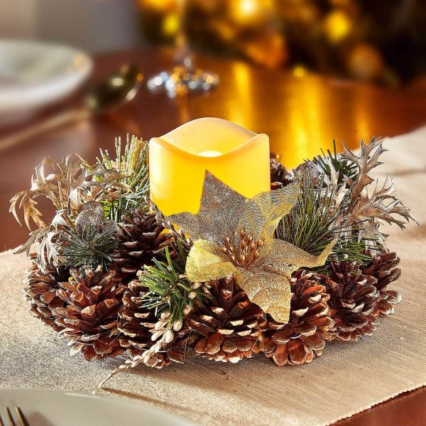 Warm LED Christmas Candle Centerpiece L50 X W30cm, 10 LEDs + 10cm LED Candle, 3x AA Batteries Required