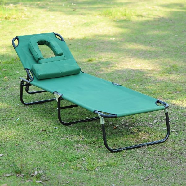 Outsunny Foldable Outdoor Sun Lounger Adjustable Backrest Reclining Chair with Pillow and Reading Hole Garden Beach, Dark Green   Aosom UK - Image 2