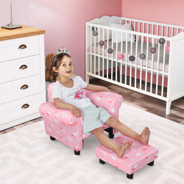 HOMCOM Kids Children Armchair Mini Sofa Wood Frame w/ Footrest Anti-Slip Legs High Back Arms Bedroom Playroom Furniture Cute Cloud Pink   Aosom UK - Image 2