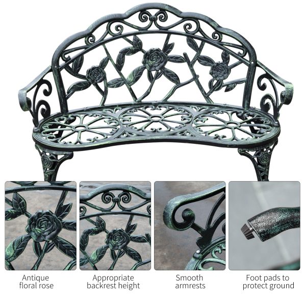 Outsunny Cast Aluminium Outdoor Garden Patio Antique Rose Style Bench Porch Park Chair Seater - Green   Aosom UK - Image 6