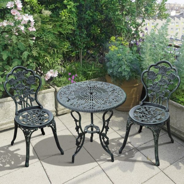 Outsunny Cast Aluminium Outdoor Patio Garden Bistro Elegant Design Table Chair Set - Green (3-Piece) - Image 2