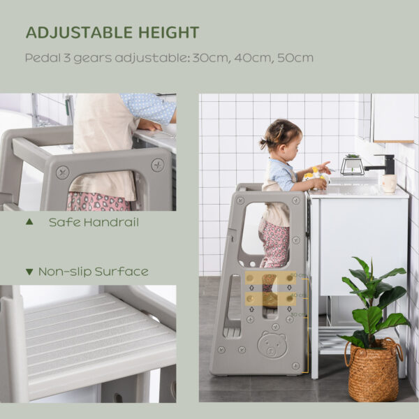 HOMCOM Kids Step Stool Adjustable Standing Platform Toddler Kitchen Stool -Standing Tower for Kitchen Counter Learning Platform w/ Three Heights Grey - Image 4