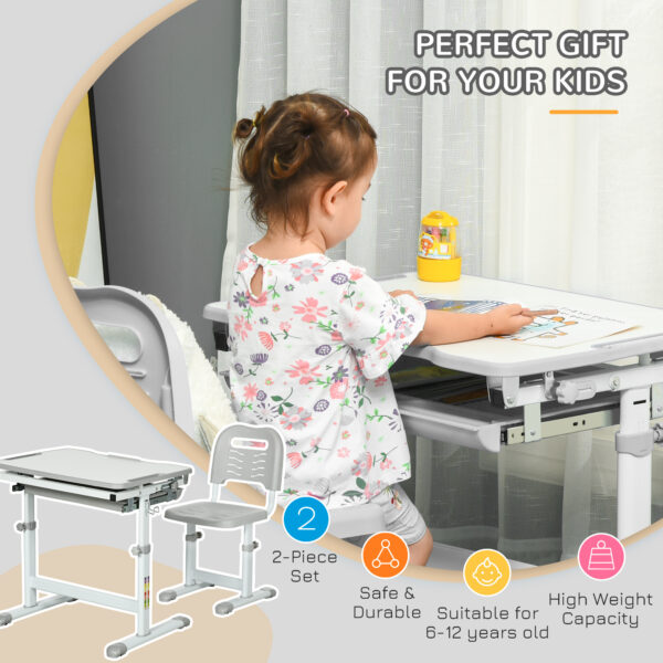 HOMCOM Kids Desk and Chair Set Height Adjustable Student Writing Desk Children School Study Table with Tiltable Desktop, Grey - Image 4