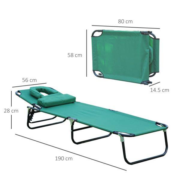 Outsunny Foldable Outdoor Sun Lounger Adjustable Backrest Reclining Chair with Pillow and Reading Hole Garden Beach, Dark Green   Aosom UK - Image 3