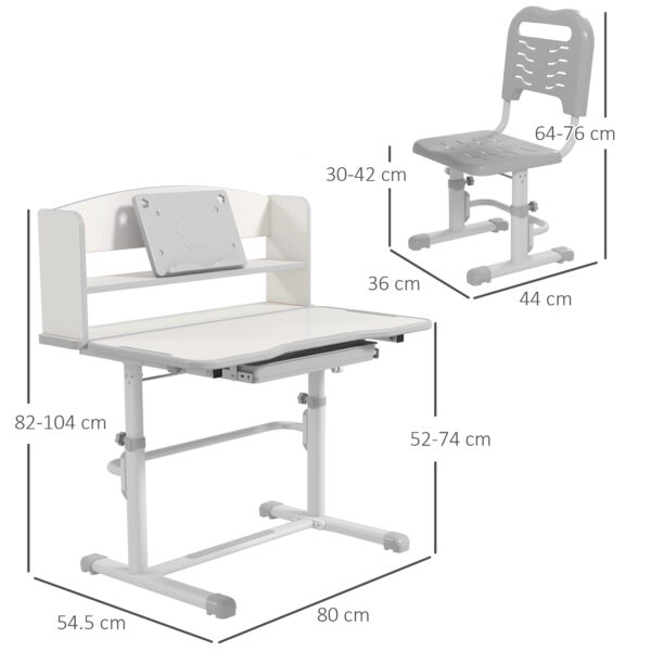 ZONEKIZ Height Adjustable Kids Study Table and Chair Set, with Drawer, Storage Shelf, 80 x 54.5 x 104 cm, Grey   Aosom UK - Image 3