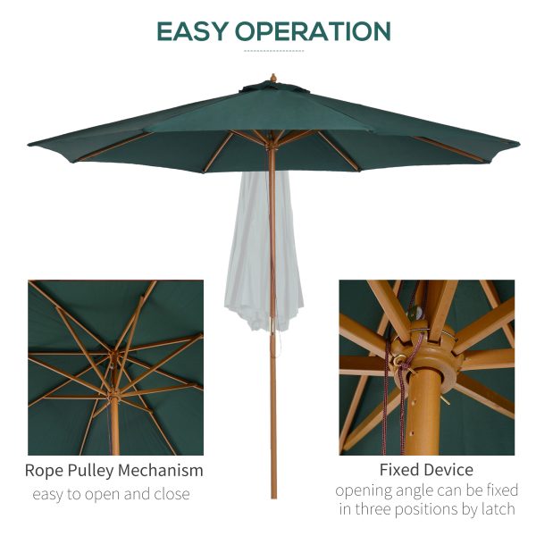 Outsunny 3(m) Wooden Patio Umbrella, Pulley Operated Garden Parasol with Rope Pulley Mechanism and 8 Ribs, Dark Green   Aosom UK - Image 5