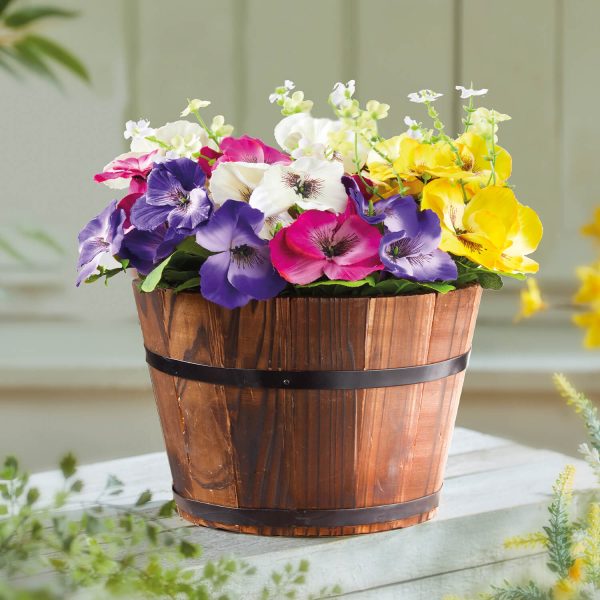 Artificial Pansy Mix in Barrel Planter H25 xW30 xD20cm