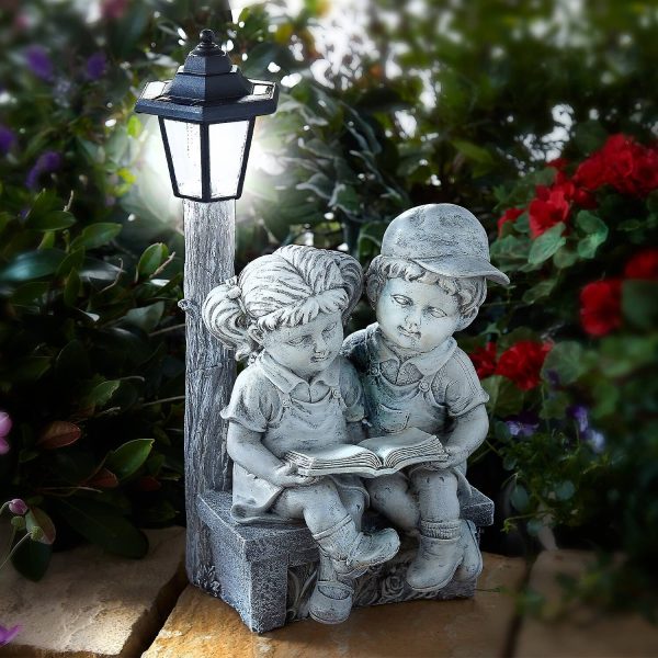 Reading Boy and Girl Statue with Solar Light H52 xW25 xD23cm