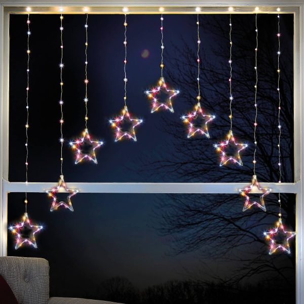 Christmas Curtain Lights (Mulitcolour Stars) L50 xH138m xW155cm, Requires 3x AA batteries, 119 Static LEDs