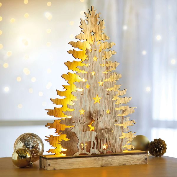 Wooden Light-Up Christmas Tree H40 xW27 xD6cm, 20 LED Lights, Requires 2x AAA Batteries