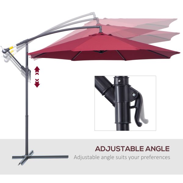 Outsunny 3(m) Garden Banana Parasol Hanging Cantilever Umbrella with Crank Handle and Cross Base for Outdoor, Sun Shade, Wine Red - Image 5