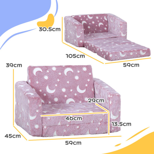 AIYAPLAY Childrens Sofa Beds 2 in 1 Kids Foldable Chair with Glow in The Dark Stars Moon Design, Washable Cushion and Cover, Pink   Aosom UK - Image 3