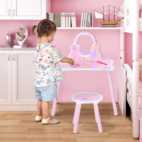 HOMCOM Kids Dressing Table Girls Pink Wooden Kids Dressing Table & Stool Make Up Desk Chair Toys Fairy Dresser Play Set w/Mirror   Aosom UK - Image 2