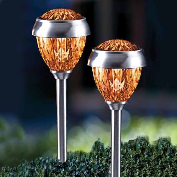 Faceted Solar Stake Lights Silver/Orange Set of 2 H37.5xW10xD10cm