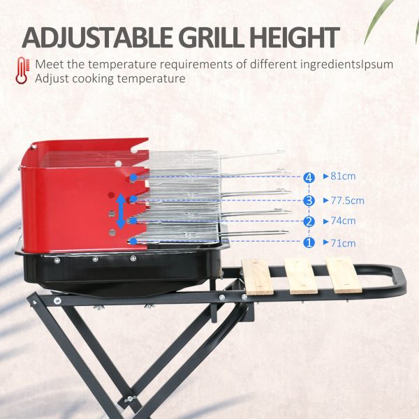 Outsunny BBQ Grill Charcoal Barbecue Grill Garden Foldable BBQ Trolley w/ Windshield, Wheels, Side Trays, Red/Black   Aosom UK - Image 4