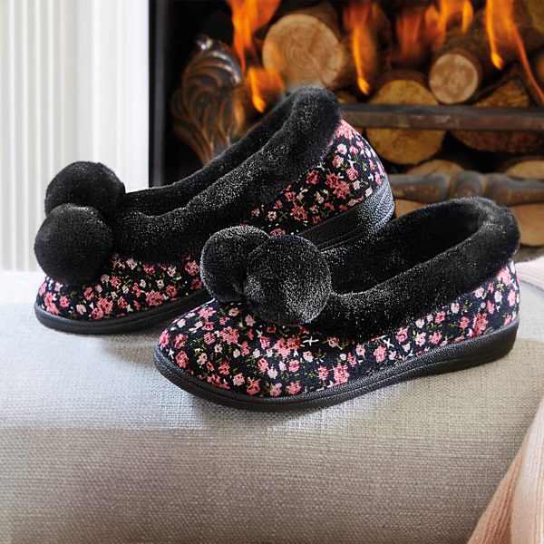 Black 4 Ladies Floral Pom Pom Slippers