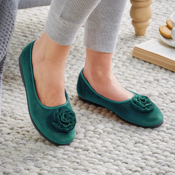 Emerald Velvet Rosebud Ballerina Slippers UK Size 7