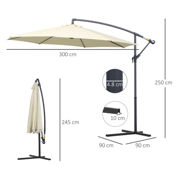 Outsunny Cantilever Parasol: 3m Patio Banana Hanging Umbrella, Crank & Tilt, 8 Ribs, Cross Base, Creamy White   Aosom UK - Image 3