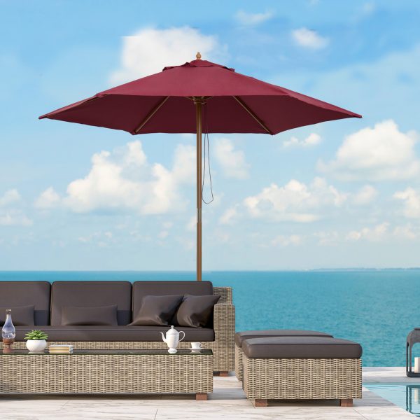 Outsunny Wooden Garden Parasol, 2.5m Outdoor Umbrella Sun Shade with Pulley System, Wine Red   Aosom UK - Image 2