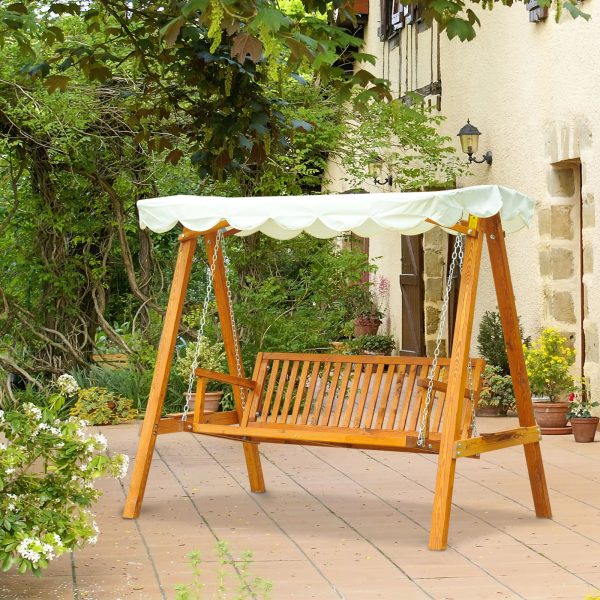 Outsunny Waterproof 3 Seater Wooden Garden Swing Seat Swing Chair Outdoor Hammock Bench Furniture, Cream White   Aosom UK - Image 2