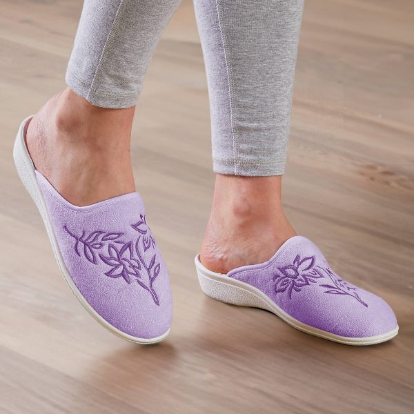 Women’s Slipper Mules, Lilac, Size 4, Embroidered, Machine Washable