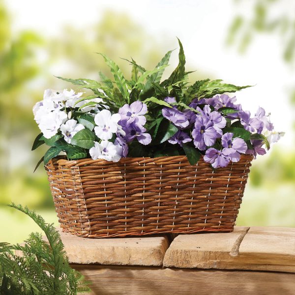 Artificial Planter Plants L52 xW33 xH37cm - Pansy in Trough Planter, Natural Wicker Basket, Display Indoors or Out