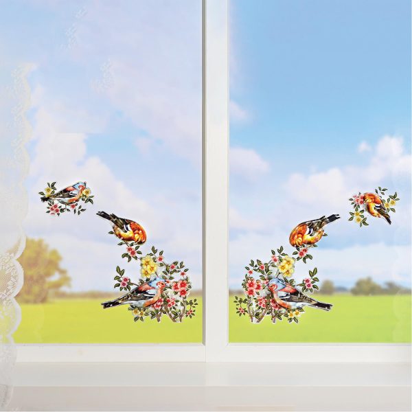 Set of 4 Decorative Window Stickers 2x 21 x26cm and 2x 10 x12cm, Reusable 3D Flowers and Songbirds