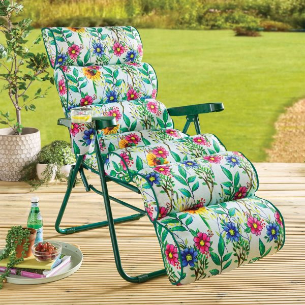 Padded Sun Lounger, Floral, Open H107 xW59 xD60 xL104cm, Memory Foam Headrest