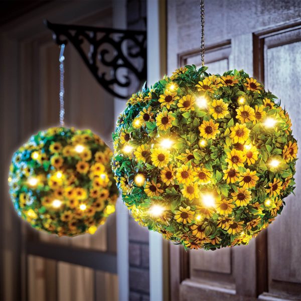 Light-Up Artificial Flower Ball (Daisy) – 20 Warm White LEDs at Night, Metal Hanging Chain L20cm