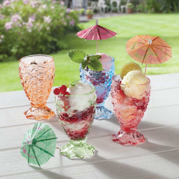 Set of 4 Sundae Glasses – Iridescent Rose, Aqua, Green and Orange, Each Holds 150ml