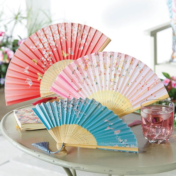 Set of 3 Hand Fans – Blue, Pink, & Red, Polyester Fabric and Bamboo, H21 X W37cm