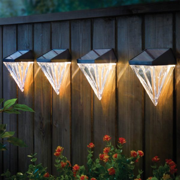 Set of 4 Solar Fence Lights (Diamond Shape) H12 xW9.7 xD5.5cm, 2x Warm White LEDs