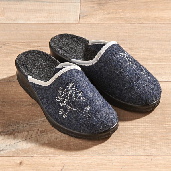 Felt Slippers (Embroidered Design), Navy, Size 7, Warm Insole, Heel Approx 3cm