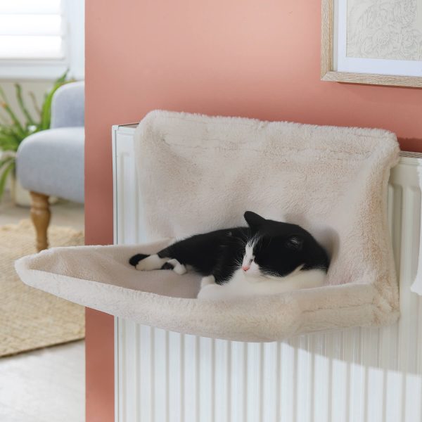 Radiator Cat Bed H25 xW45 xD30cm, Suitable for Cats Up to 5kg, Faux Sheepskin Bed, Hooks Onto Most Radiators