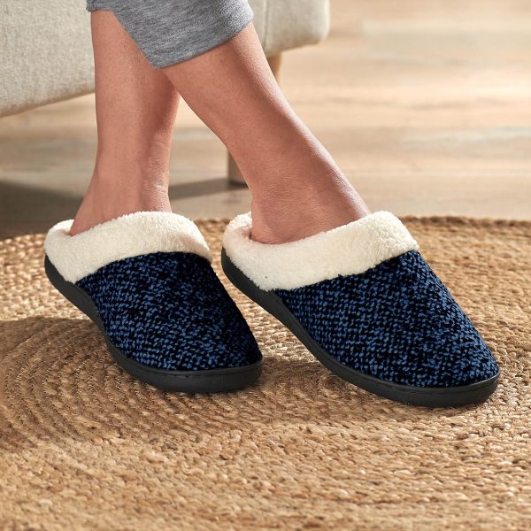 Women’s Washable Slippers, Navy, Size 4, Memory Foam Insole, Non-Slip Rubber Sole