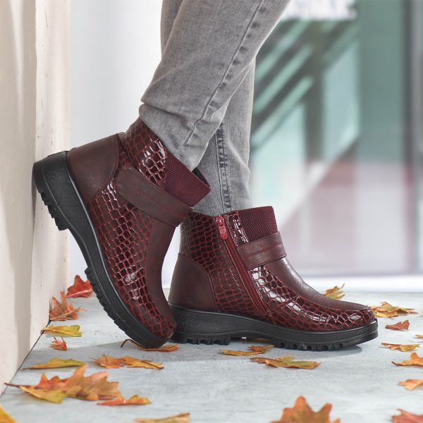 Burgundy 5 Mock Croc Ankle Boot