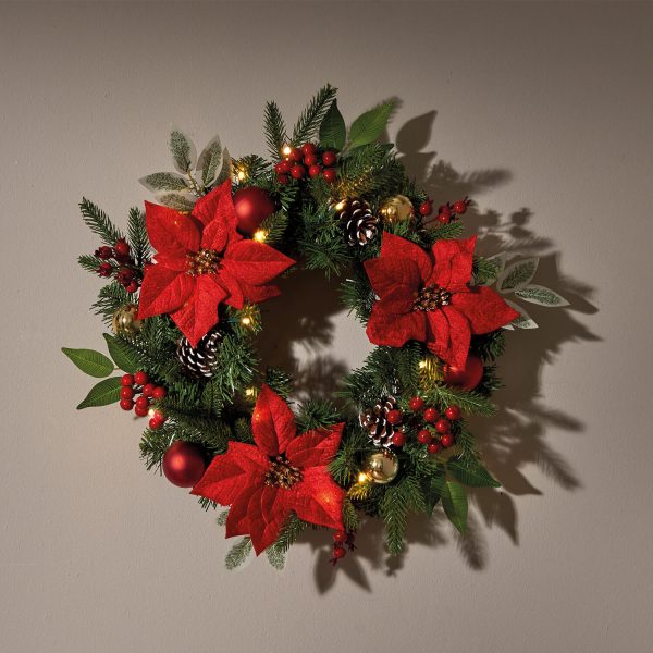 Pre Lit Poinsettia Wreath 40Cm 10Leds