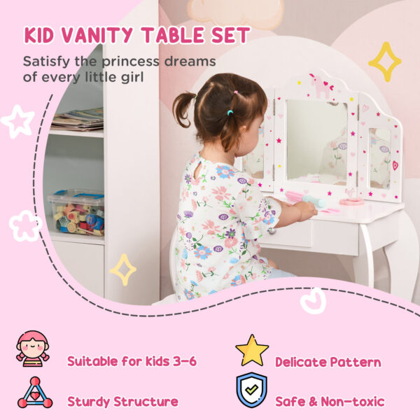 HOMCOM Kids Vanity Table & Stool Girls Dressing Set Make Up Desk Chair Dresser Play Set with Rotatable Mirrors Drawer Star & Heart Pattern White - Image 4