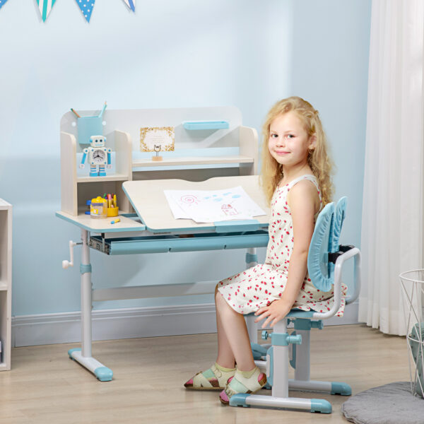 HOMCOM Kids Desk and Chair Set, Height Adjustable School Desk & Chair Set w/ Shelves, Washable Cover, Anti-Slip Mat, Kids Aged 3-12, Blue   Aosom UK - Image 2