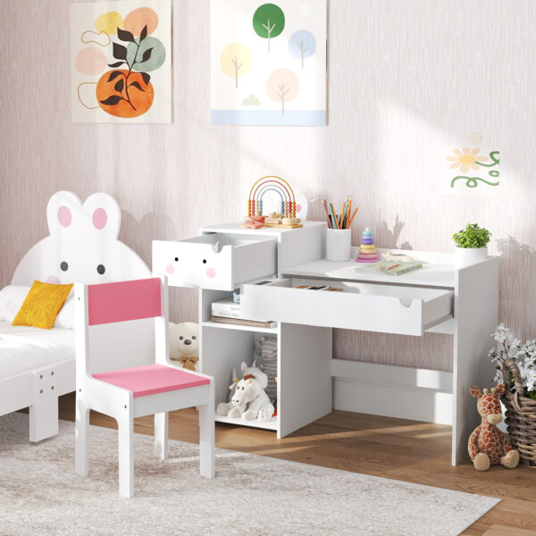 AIYAPLAY Rabbit Themed Kids Desk and Chair Set with Bookcase, Drawers, Storage Shelves, for 3-6 Years, White - Image 8