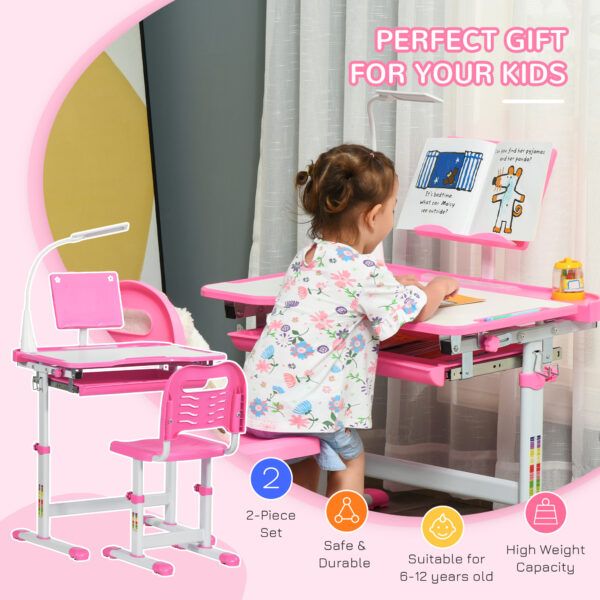 HOMCOM Kids Desk and Chair Set, Height Adjustable Study Desk with USB Lamp, Storage Drawer for Study, Pink and White - Image 8