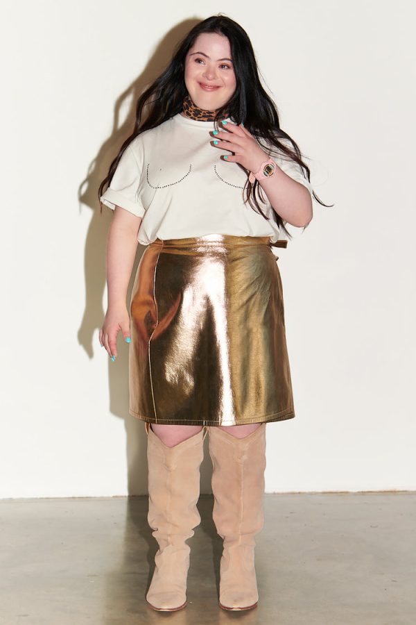 Women's Vegan Leather Mini Wrap skirt in Gold, Size 22 by Never Fully Dressed - Image 5