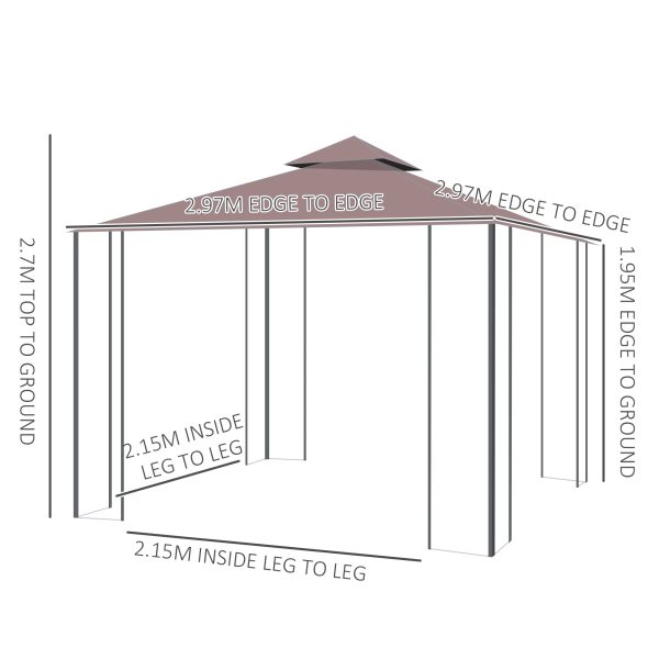 Outsunny 3 x 3(m) Patio Gazebo Canopy Garden Pavilion Tent Shelter with 2 Tier Roof and Mosquito Netting, Steel Frame, Coffee - Image 3