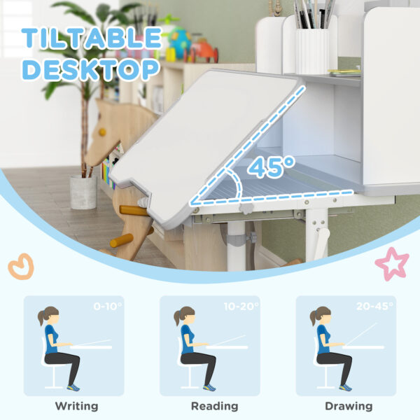 AIYAPLAY Height Adjustable Kids Desk and Chair Set, Children School Study Desk with Tiltable Desktop, Reading Rack, Grey   Aosom UK - Image 4