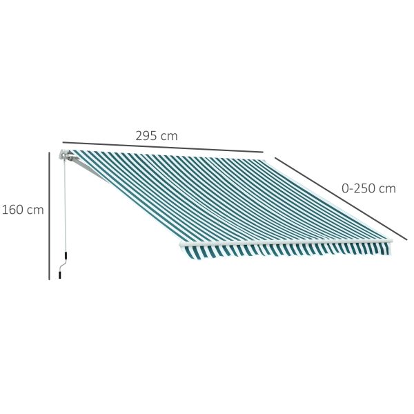Outsunny 3 x 2.5m Patio Awning, Anti-UV and Waterproof Sun Shade Canopy with Chain Drive and Hand Crank, Green/White Stripes   Aosom UK - Image 3