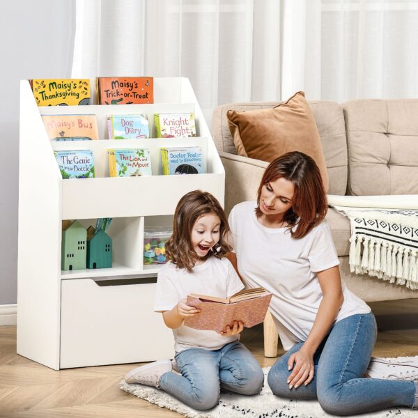 HOMCOM Kids' Bookshelf: Children's Storage Unit with Toy Drawer & Wheels, Room Organiser, White   Aosom UK - Image 2